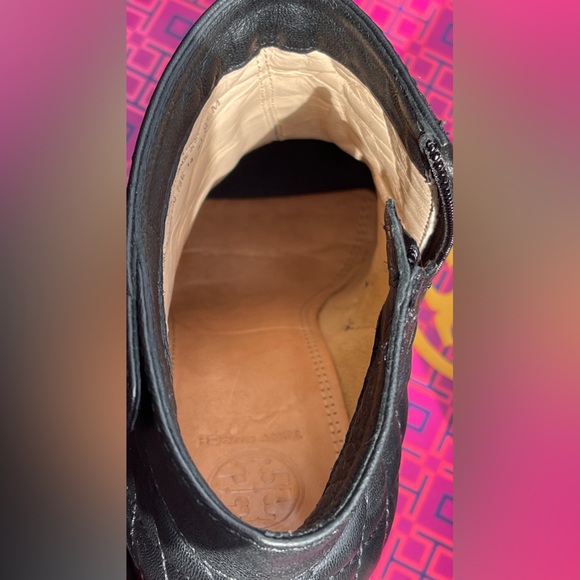 Tory Burch genuine leather in/out quilted booties golden logo 100mm wedge EUC - Picture 9 of 16